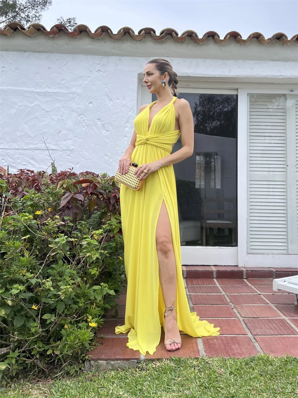 Among-vestido De gasa con manga larga y abertura lateral para mujer, traje De Fiesta De graduación con corte en A, color amarillo claro, espalda abierta