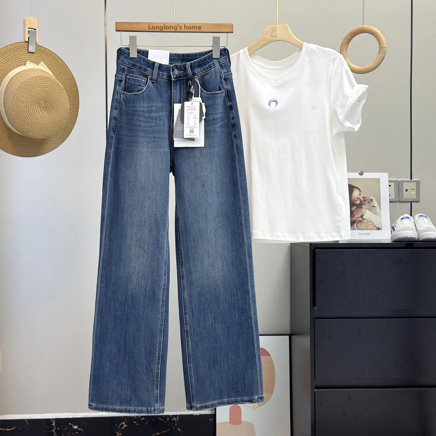 

High Waist Straight Leg Jeans Women's Slim Fit Vintage Four Way Stretch Floor Length Pants Pear ape Classic Blue Denim