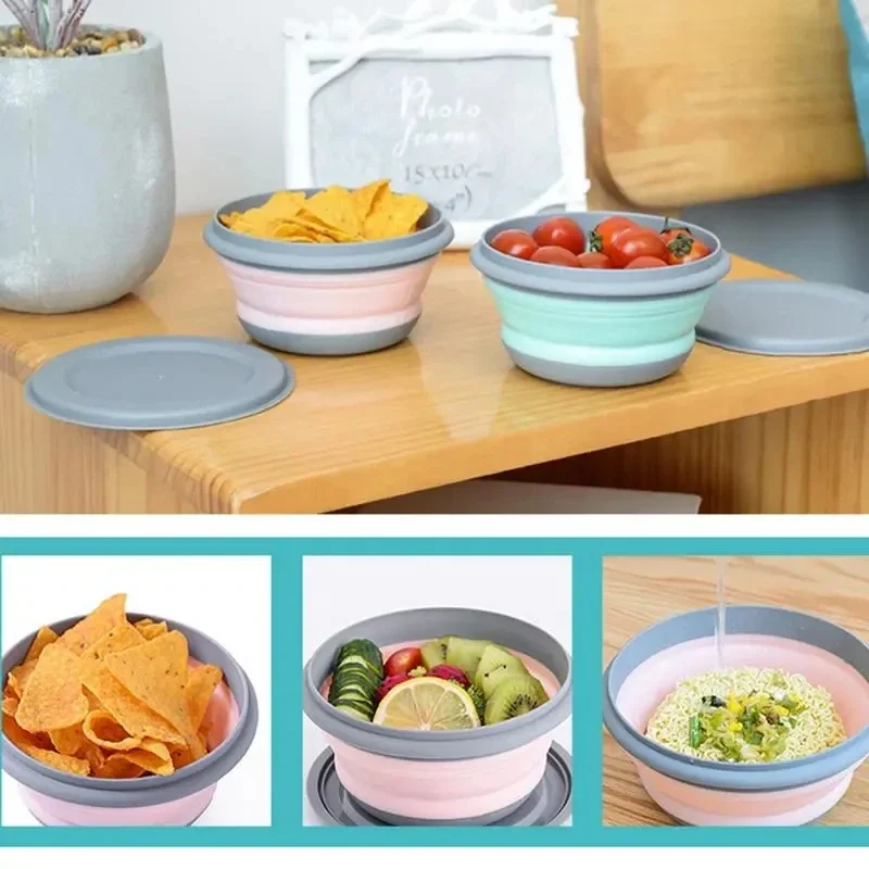 3pcs/set Silicone Folding Lunch Box Portable Picnic Camping Bowl Set Kitchen Tableware Set Foldable Salad Bowl with Lid