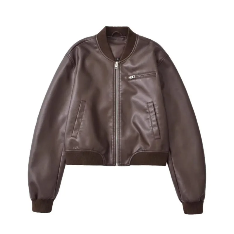 

Shpmishal American Fashion 2025 New Outfit Women's Retro Motorcycle Leather Jacket Loose Casual Pilot Coat Female Clothing
