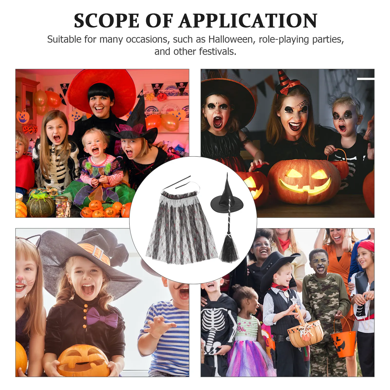 

1 set 1 Set Kids Witch Cape Costume Halloween Party Carnival Cosplay Outfit Broom Hat Adjustable Tie Design Lightweight Durable