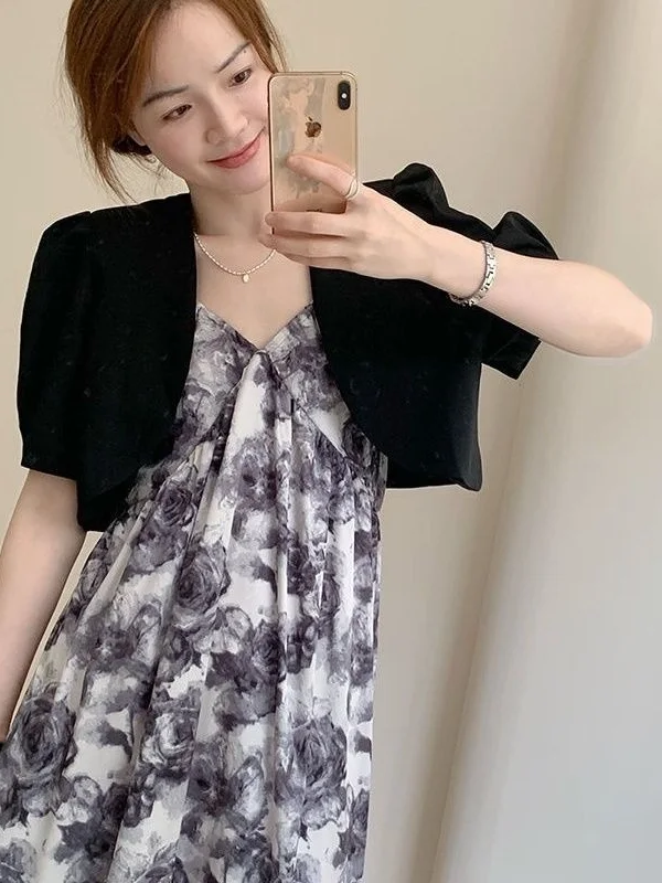Fashionable Ultra-Short  Color Jacket Summer New Korean Style Slimming Top Shoulder Wrap Short Sleeve Artistic Standard Fit