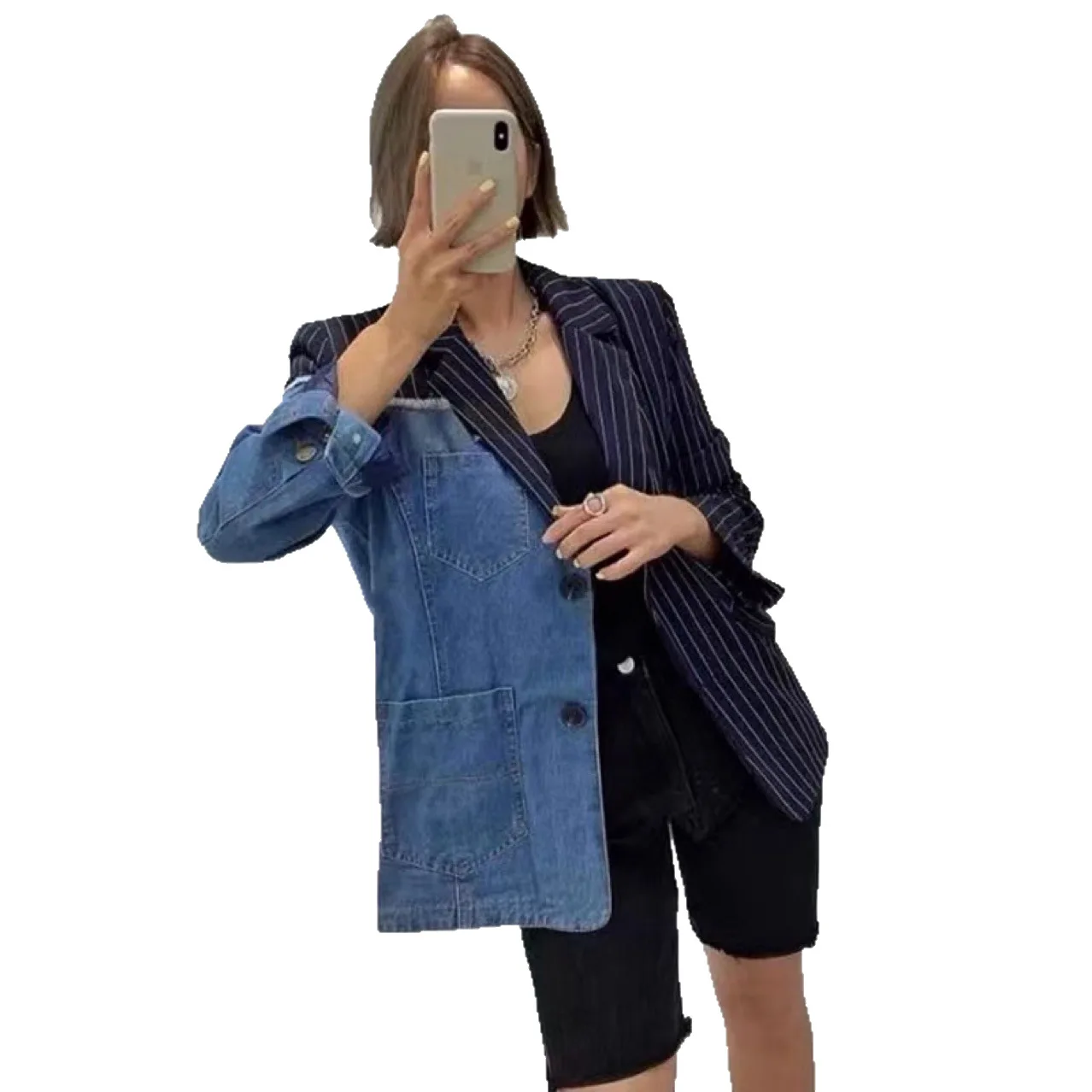 Superaen primavera e outono novo estilo coreano solto terno jaqueta denim retalhos para mulheres casacos de mangas compridas