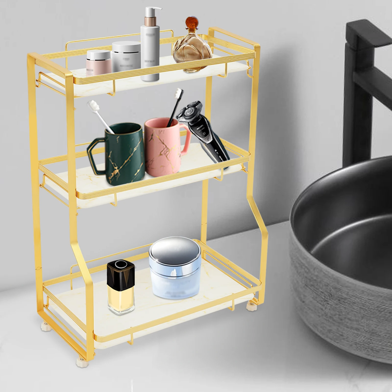 

3-Tier Bathroom Countertop Organizer, Vanity Counter Organizer W/ Basket for Skincare Makeup Perfume 22.05lbs Each Tier Load