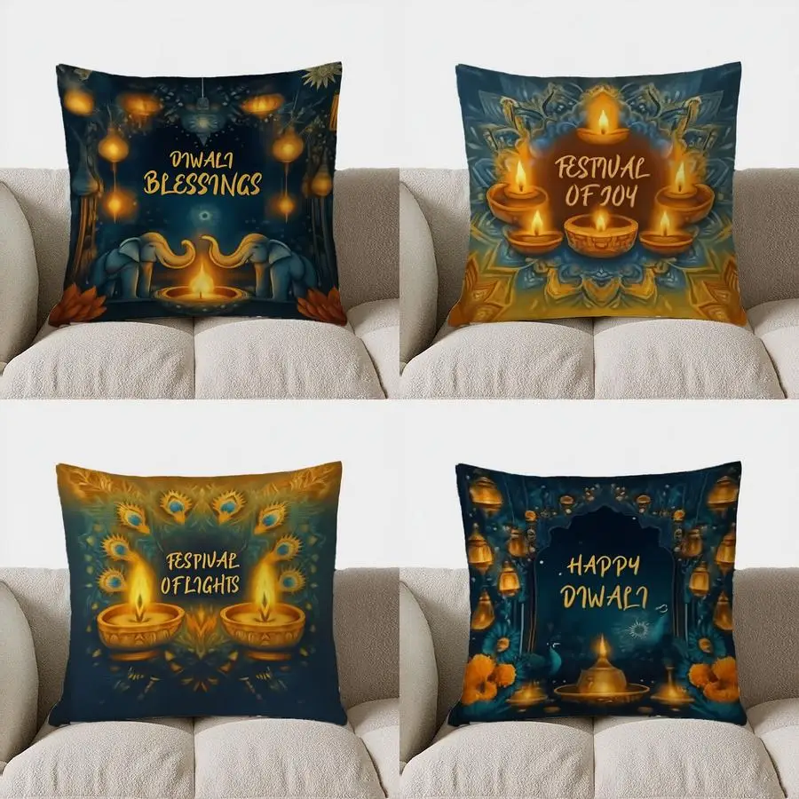 

Домашний декор Дивали Благословения: слоны и фонарики, наволочка с рисунком, подходит для дивана, спальни, автомобиля, наволочка