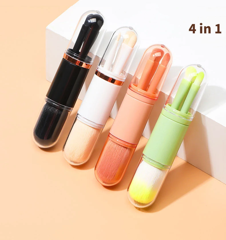 4-in-1 reismake-upborstelset Huidskleur Intrekbaar draagbaar schoonheidshulpmiddel Veganistisch synthetisch haar Hoogwaardig make-upaccessoire