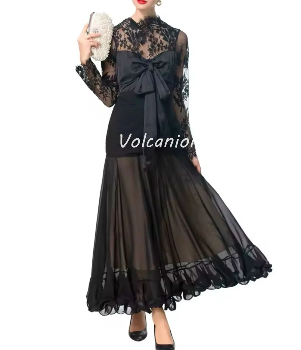 Customized Intricate Sizes Available Organza Bow Ruched Lace Straight Jewel Ankle Length Dresses Bespoke Occasion Dresses Casual