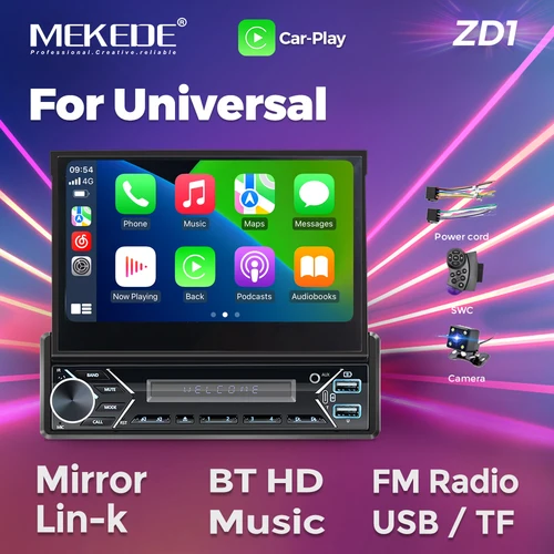 MEKEDE 1din 1 DIN Radio de coche 1 Din reproductor Multimedia Audio y vídeo Universal con CarPlay Android Auto 7 ""IPS pantalla retráctil