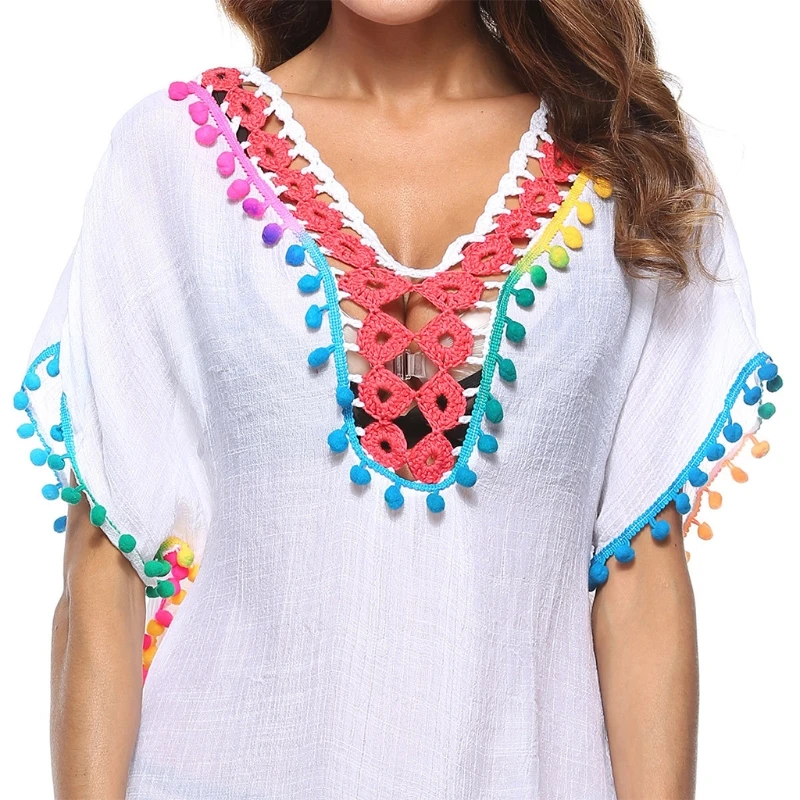 

Womens Half Sleeves Bathing Suit Cover Ups Sexy Deep V-Neck Hollow Out Crochet Rainbow Pom Pom Tassel Side Split Swimsuit