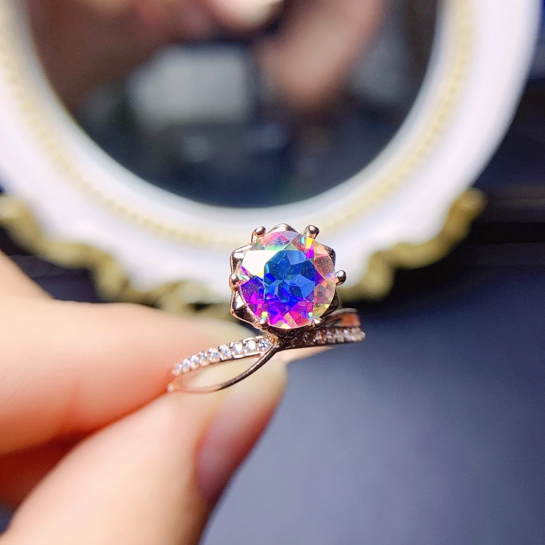 Rainbow Mercury Topaz Ring 925 Sterling Silver Engagement Ring with Round 8mm Mercury Topaz Ring For Gift