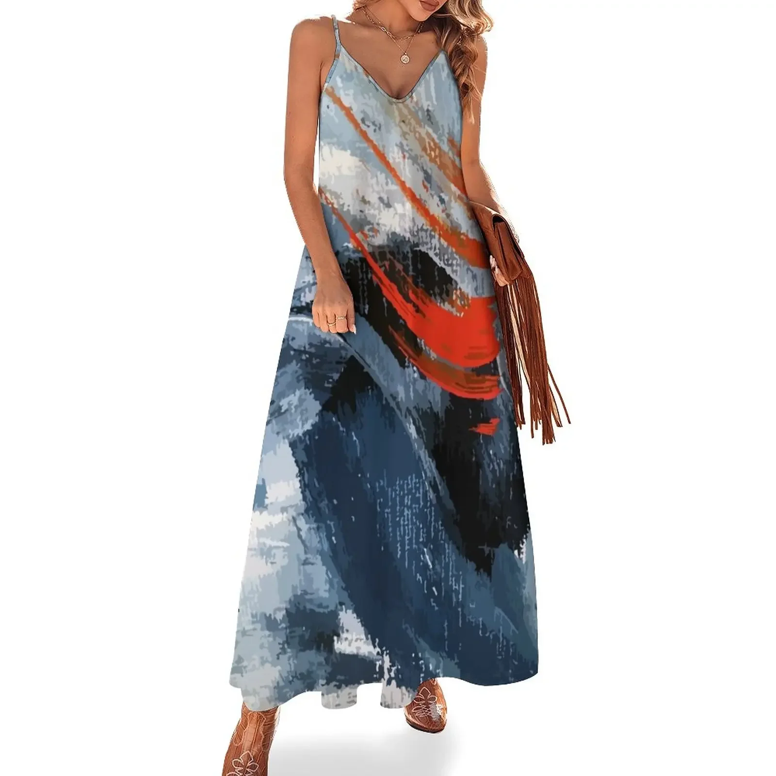 

Blue and Orange Brushstroke Abstract Painting Sleeveless Dress womans clothing sexy dress for women