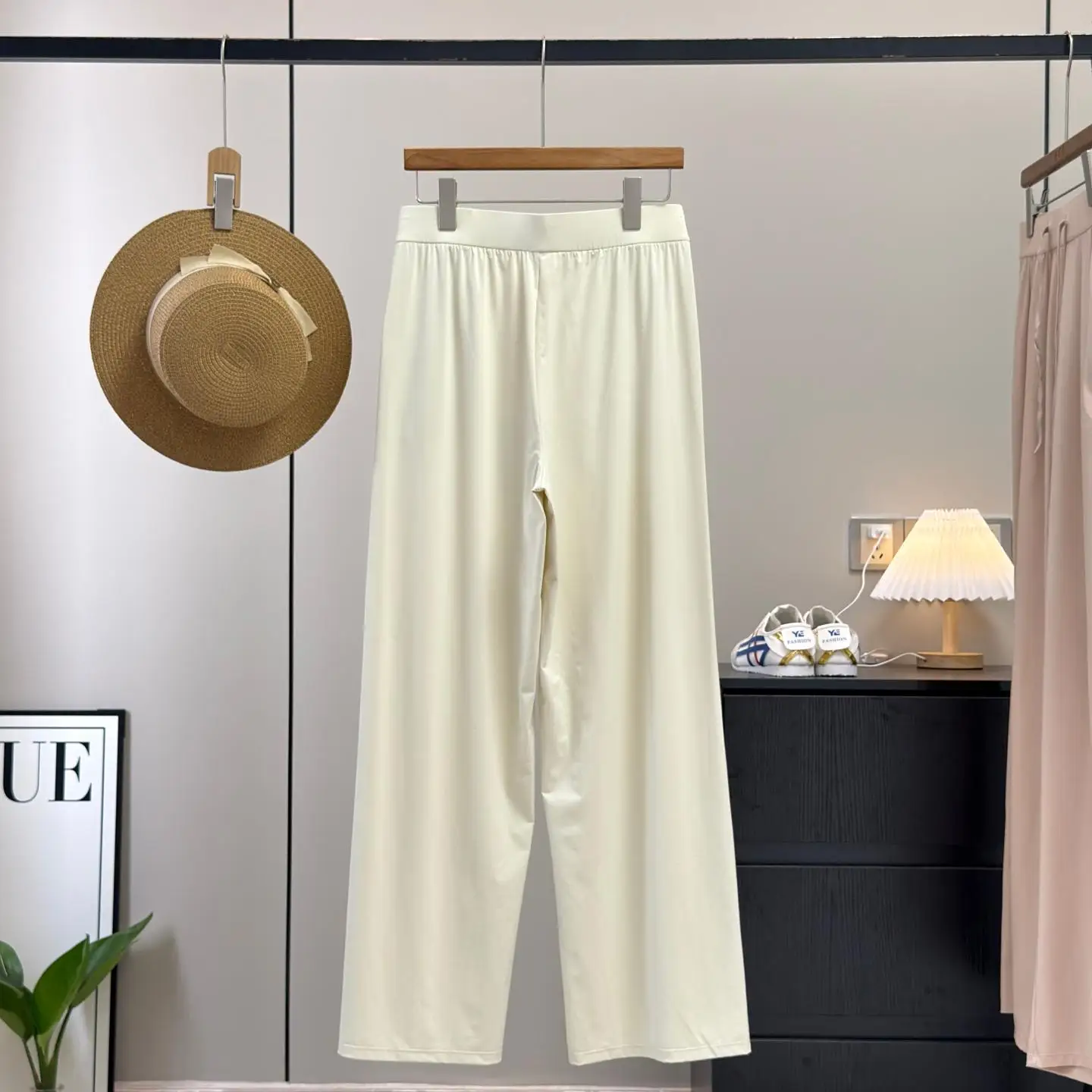 Summer Cool Lightweight Smooth High Waist Drawstring Straight Leg Sun Protection Casual Pants Women's High Waist Nylon Fabric