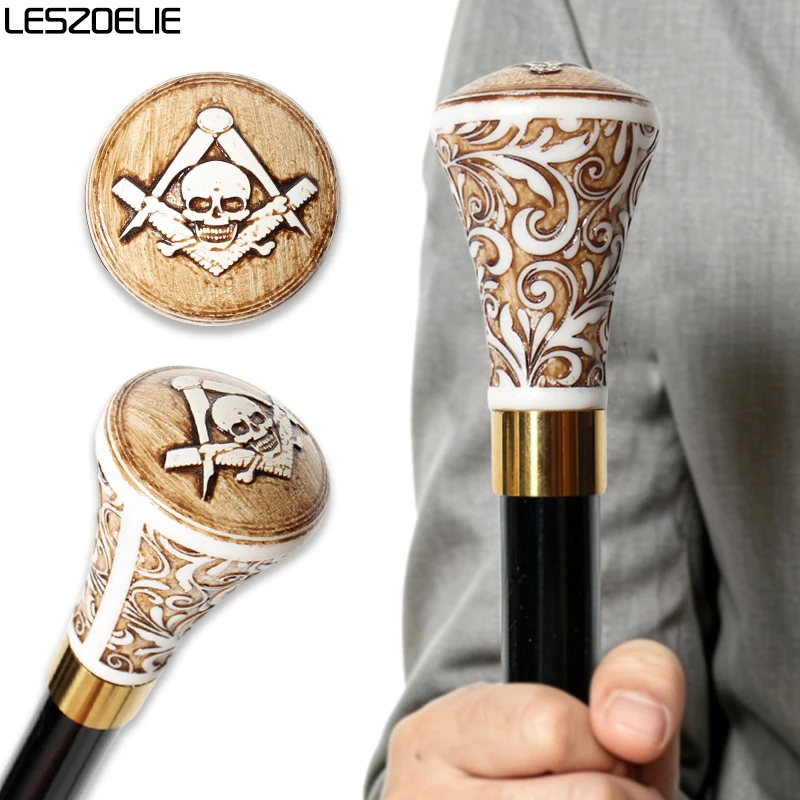 Men's Freemason Masonic Skull-Head Walking Cane Women Detachable Black & Red Wooden Stick with Cream Brown Floral Handle