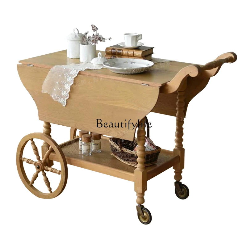 

French retro solid wood dining car living room mobile medium and ancient style mobile small table corner few