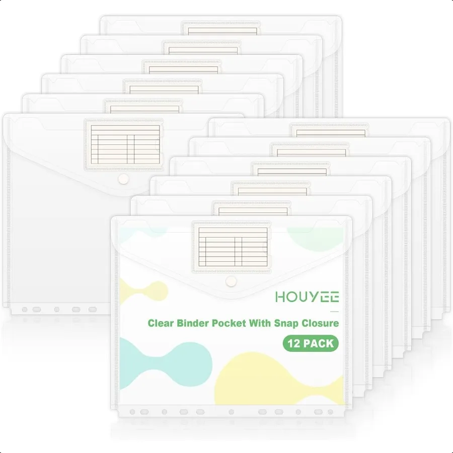 

12 Pack Binder Pocket 11 Holes Heavy Duty Clear Poly Binder Envelope with Snap Closure Letter Size 8 Mil 100 Sheet Capacity Bac
