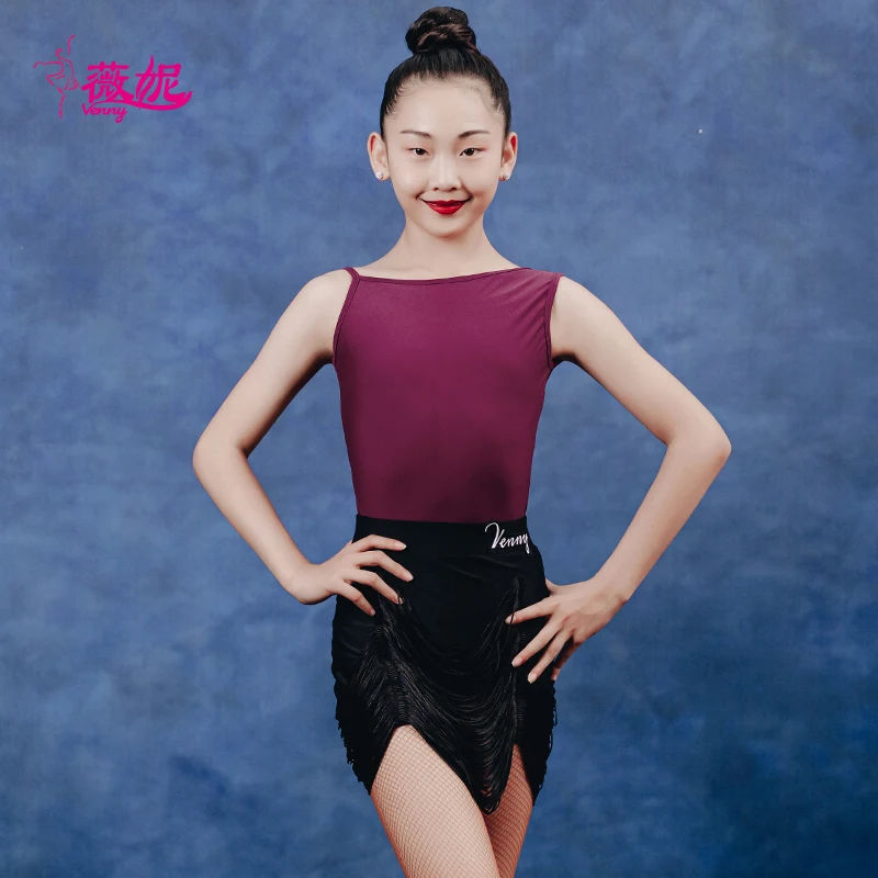 Venny Vestido de baile latino Falda con flecos para niñas Conjunto de entrenamiento de dos piezas para práctica de rendimiento profesional