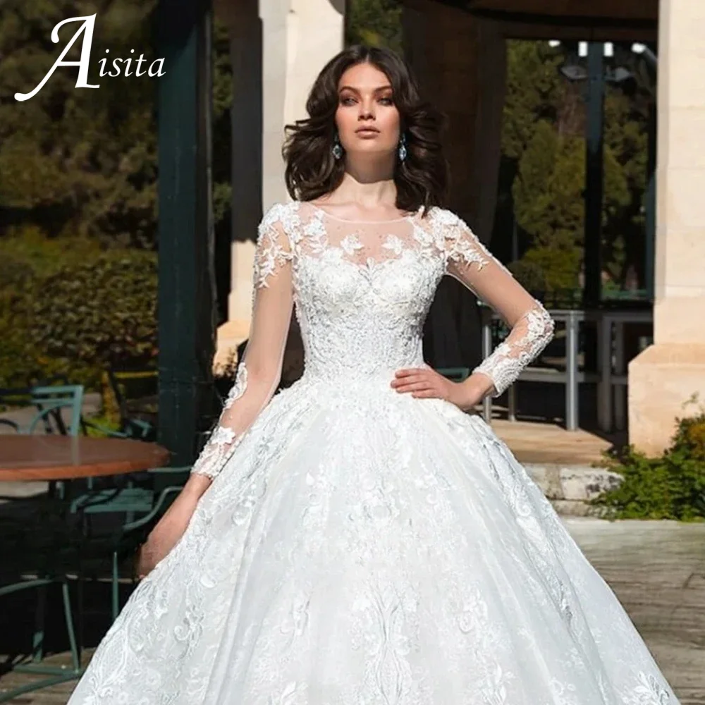 Abiti da sposa O-Collo personalizzati 2025 Maniche lunghe A-Line Abito da sposa Applicazioni di pizzo di cristallo Scoop Abito da sposa Vestido De Novia