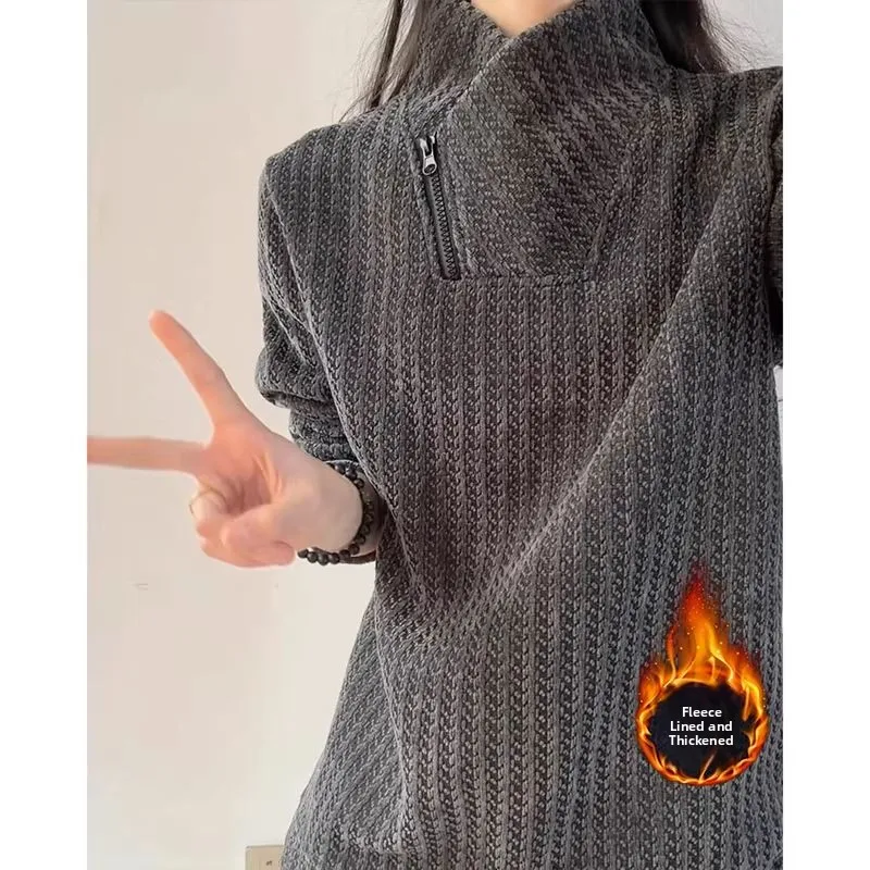 

Серый плотный худи на молнии для мужчин, осенне-зимняя флисовая кофта с длинным рукавом и высоким воротником, базовый слой в американском стиле, внутренняя одежда