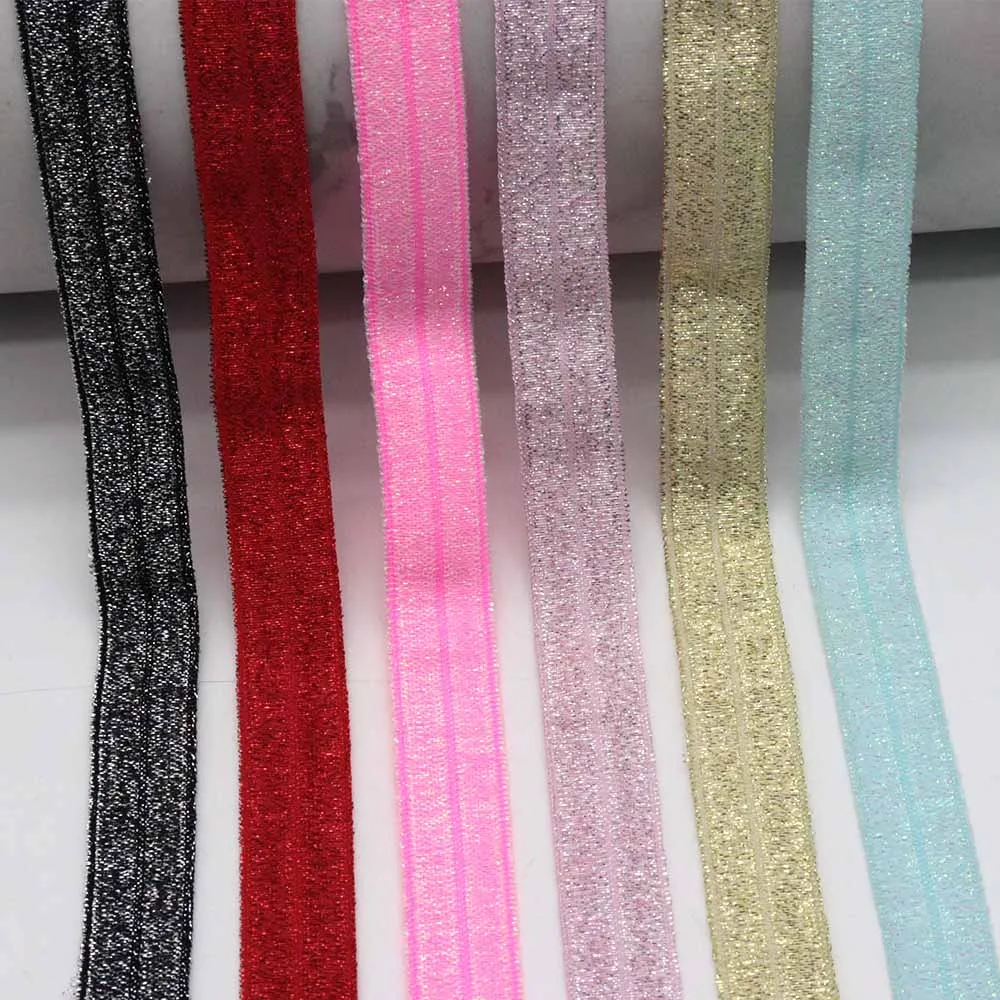 

Wholesale 5/8" 15mm Glitter Thread FOE Ribbon Fold Over Elastic Bands For Hair Tie Bracelet DIY Sewing Accessories