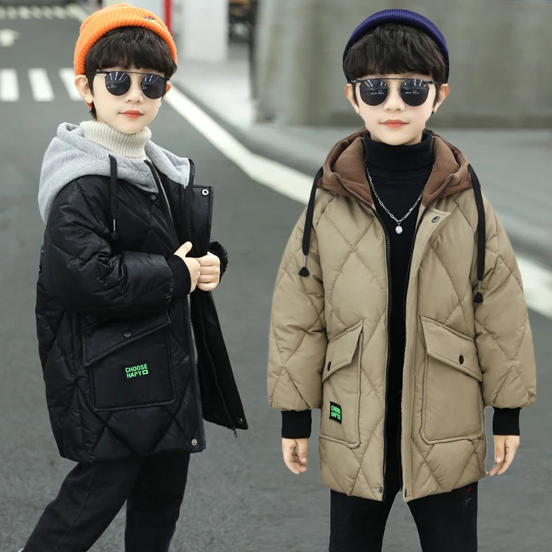 2024 New Teen Boys Winter Coats Plus Velvet Warm Kids Jacket Fashion Zipper Hooded Child Outerwear Clothing 4 6 8 10 12 14 Years