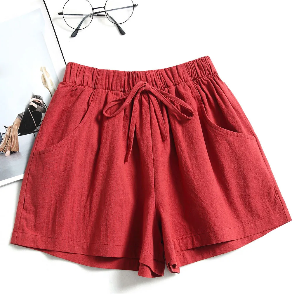 Women\'s Drawstring High Waist Solid Color Shorts Summer Loose Beach Elastic Waist Simplicity Daily Casual Shorts With Pocketed