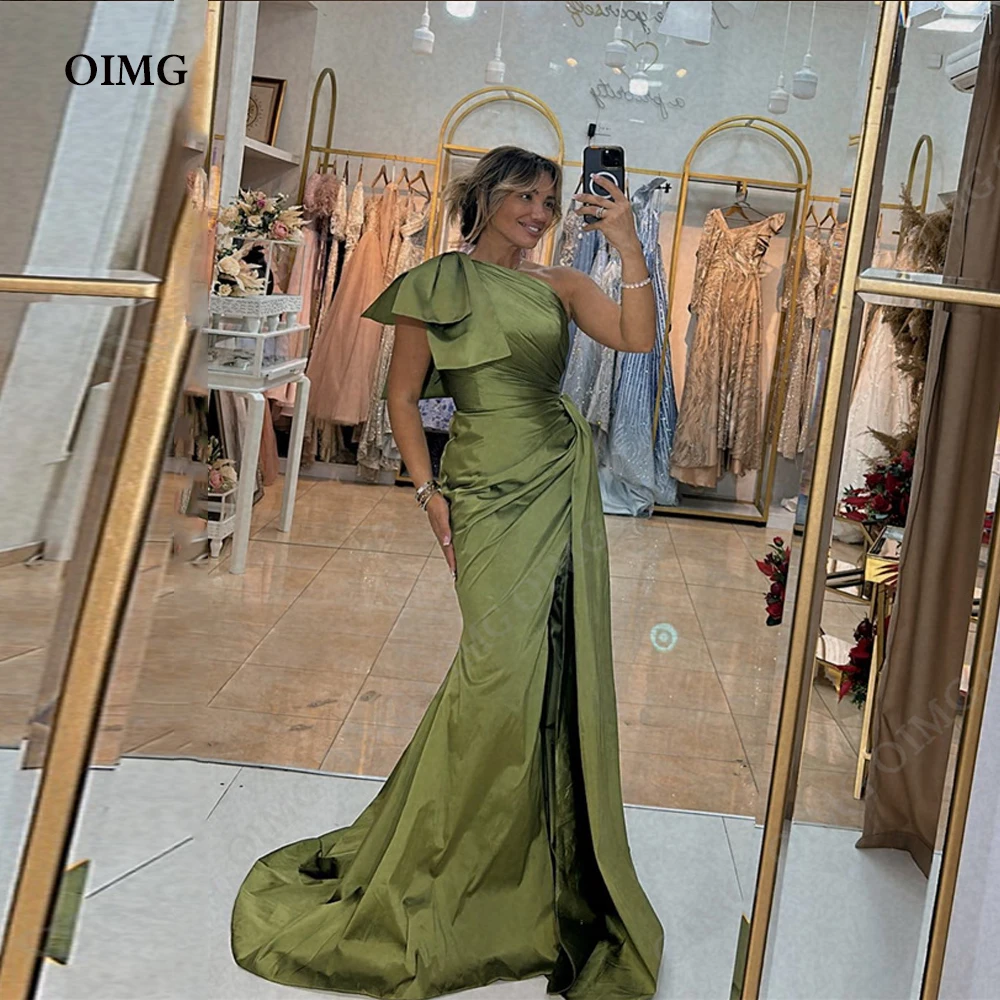 

OIMG Modest Green Evening Dresses Saudi Arabic Women One Shoulder Mermaid Bow Formal Occasion Party Dress Vintage Celebrity