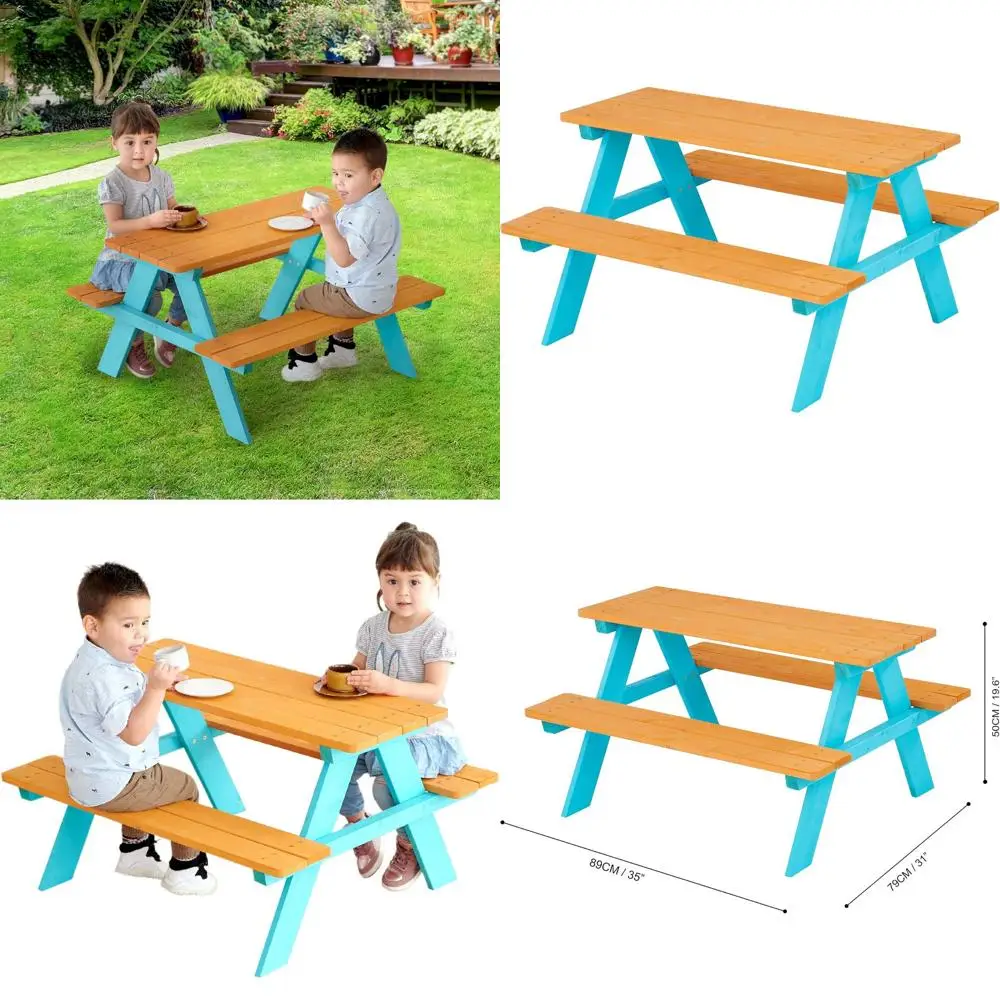 

Деревянный набор для пикника для детей коричневого и аквамаринового цветов со столом и скамейкой