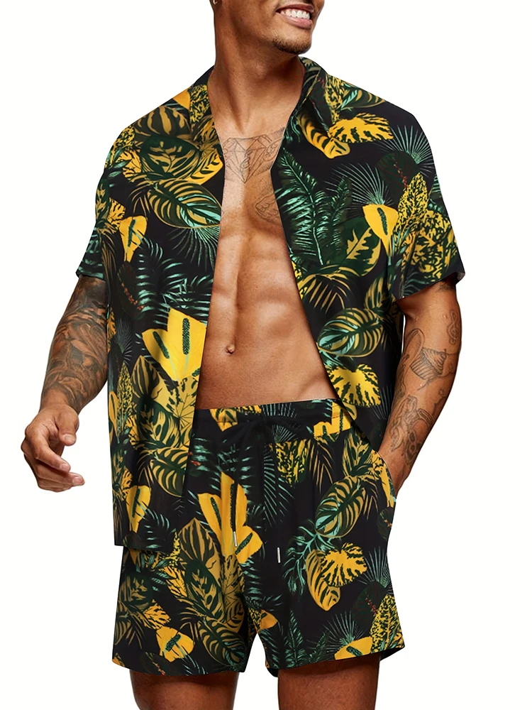 Cool Hawaiian Style Men\'s Short-Sleeved Shirt And Shorts Set Seaside Casual Short-Sleeved Shirt Summer Outdoor Shorts Men\'s Set