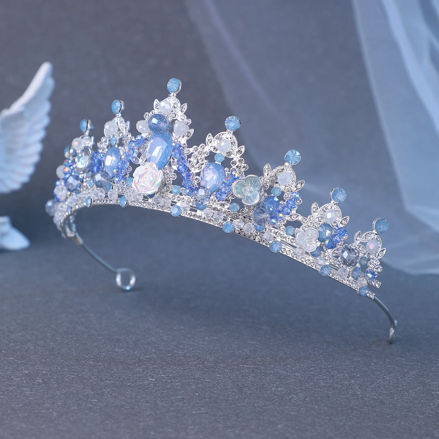 Handmade Blue Protein Crystal Rhinestone Tiaras Crowns Flower Beads Princess Queen Diadem Wedding Hair Accessories