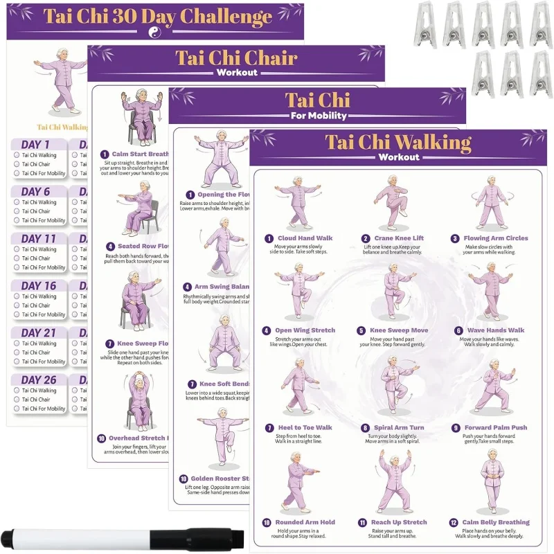 Tai Chi Workout Chart Poster Set for Seniors & Beginners Tai Chi Chair Walking Mobility Poster for Living Room Bedroom Home Gym