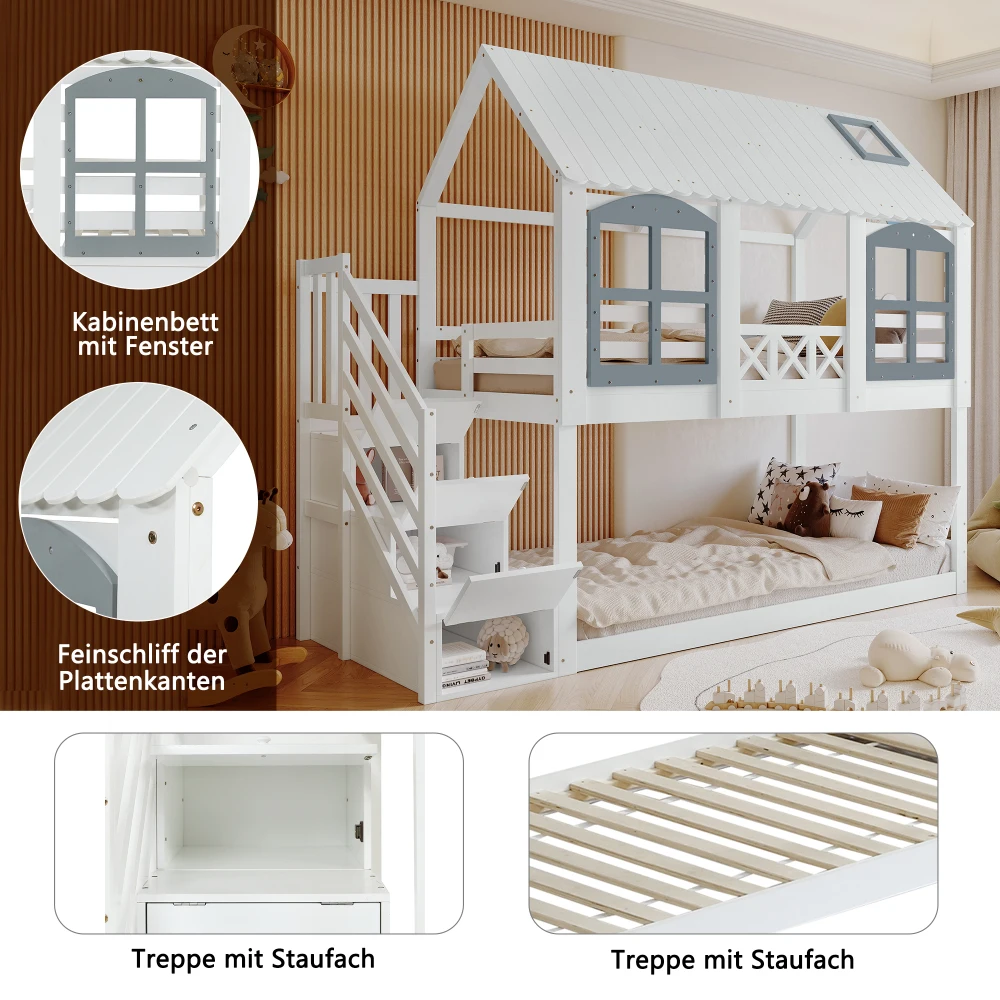 PINGGO Weißgraues Etagenbett 90x200cm mit Dachfenster, Leiter, Fallschirmgitter und 3 Staufächern aus Kiefern-MDF, ohne Matratze – Detail 9