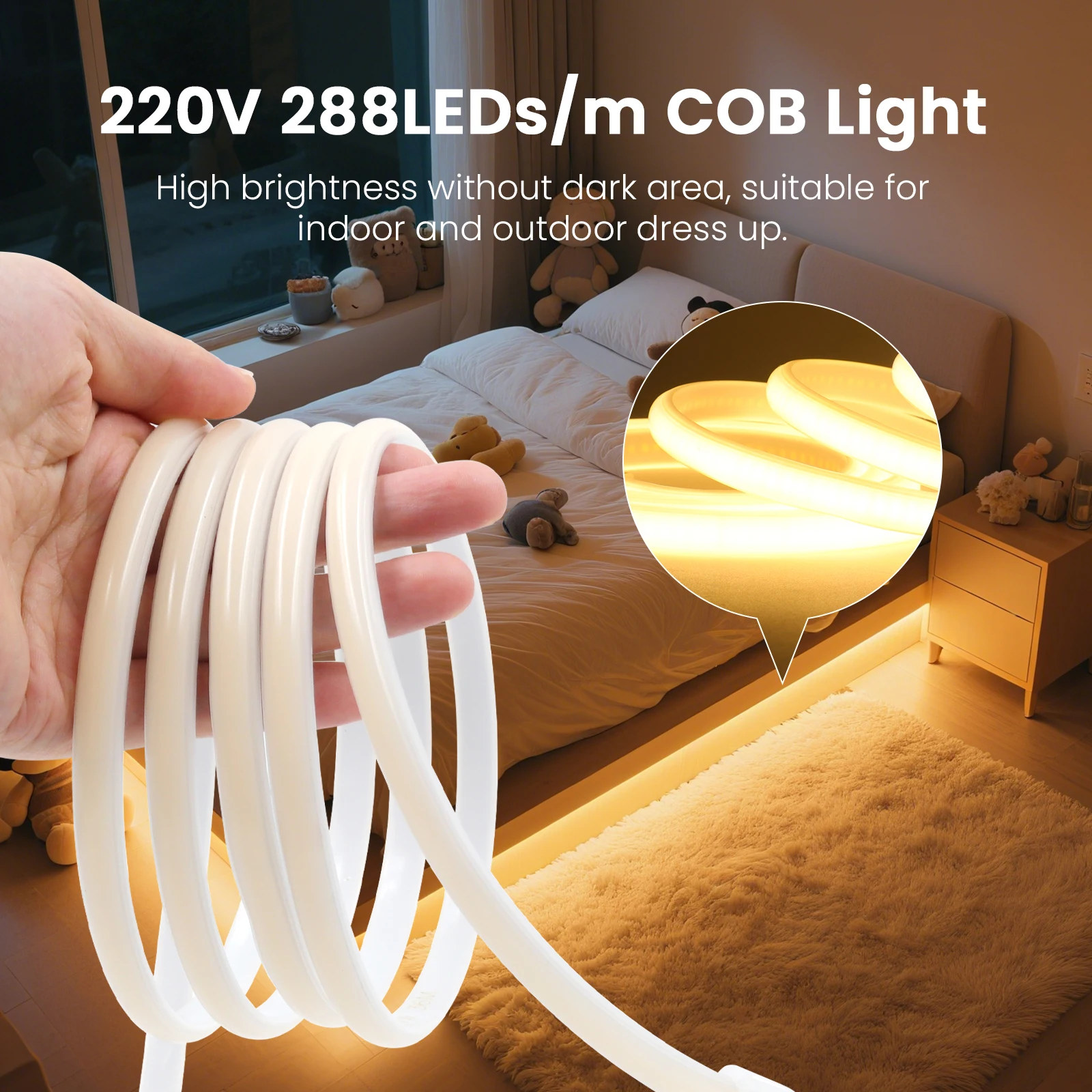 COB LED 스트립 220V 방수 고휘도 288LED/m LED 스트립 (스위치/디머 및 플러그 포함) 가정 정원 장식용 플렉시블 테이프