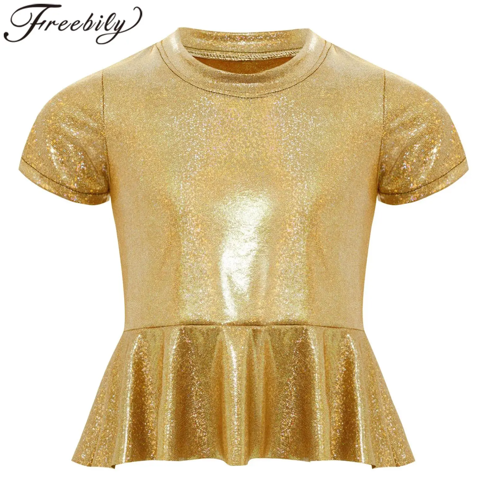 

Childs Metallic Shiny T-shirts Girls Short Sleeves T-shirt Kids Rave Jazz Dance Tops Fashion Performance Party Stage Costume