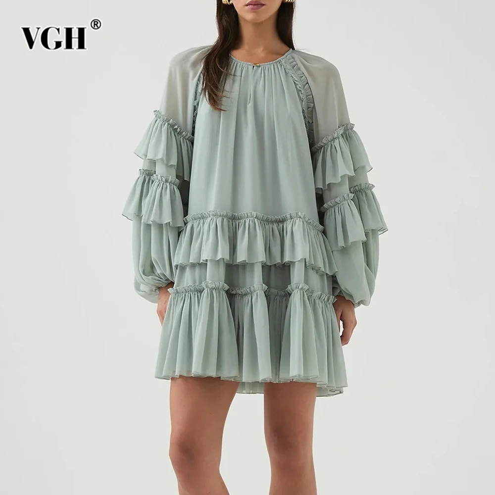 

VGH Casual Fashion Chiffon Short Dress for Women O Neck Puff Sleeve Loose Waist Patchwork Ruffles Soild Dresses Female New Trend