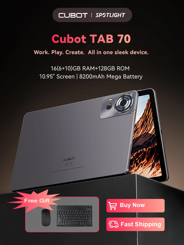 Cubot TAB 70, 2025 New Tablet Android 14, Octa-Core, 16GB RAM(6GB+10GB), 128GB ROM, 10.95