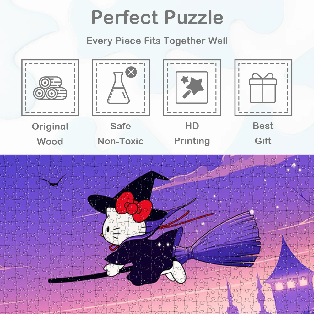 أحجية Hello Kitty Flying Broomstick من سلسلة Sanrio Halloween بتصميم فريد من نوعه لعبة ألغاز كرتونية سحرية بتصميم فريد من نوعه للبالغين