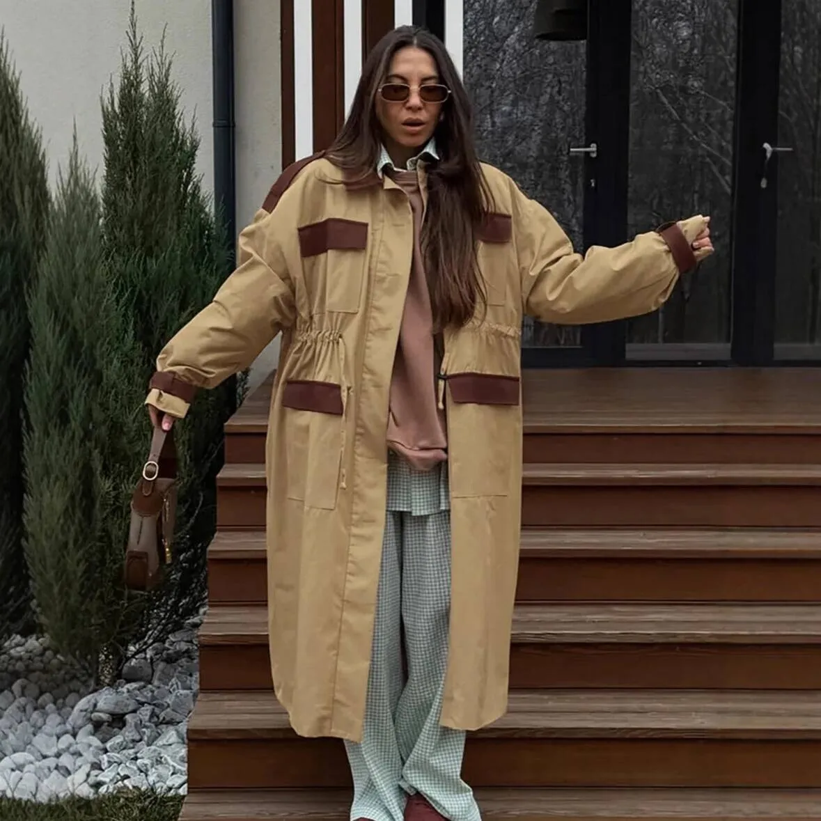 

Fashion Vintage Contrasting Trench Coat Jacket For Women Fall Winter Workwear Full Sleeve Lapel Loose Long Overcoat Outerwear