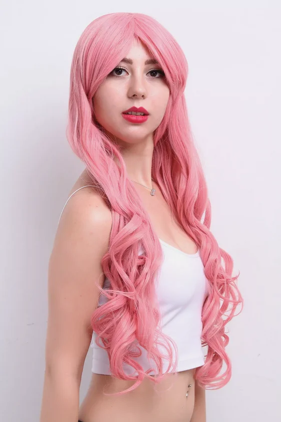 Woman Natural Smooth Synthetie Long Wavy Cosplay Wig Party Pink Wigs