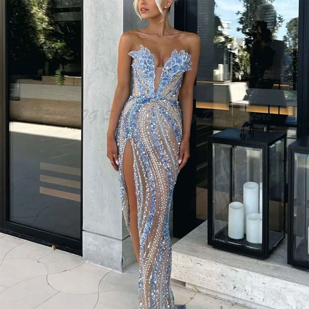 Sequin Mermaid Evening Dress Strapless Deep V Neck High Split Formal Gown Sparkly Prom Party Dress Women