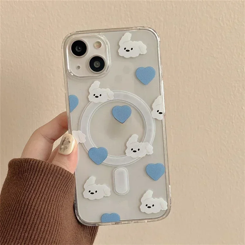 Korean Cute Cartoon Love Puppy Transparent Magsafe Phone Case for IPhone 16 15 12 13 11 7 8 14 Pro Max Magnetic Soft Cover