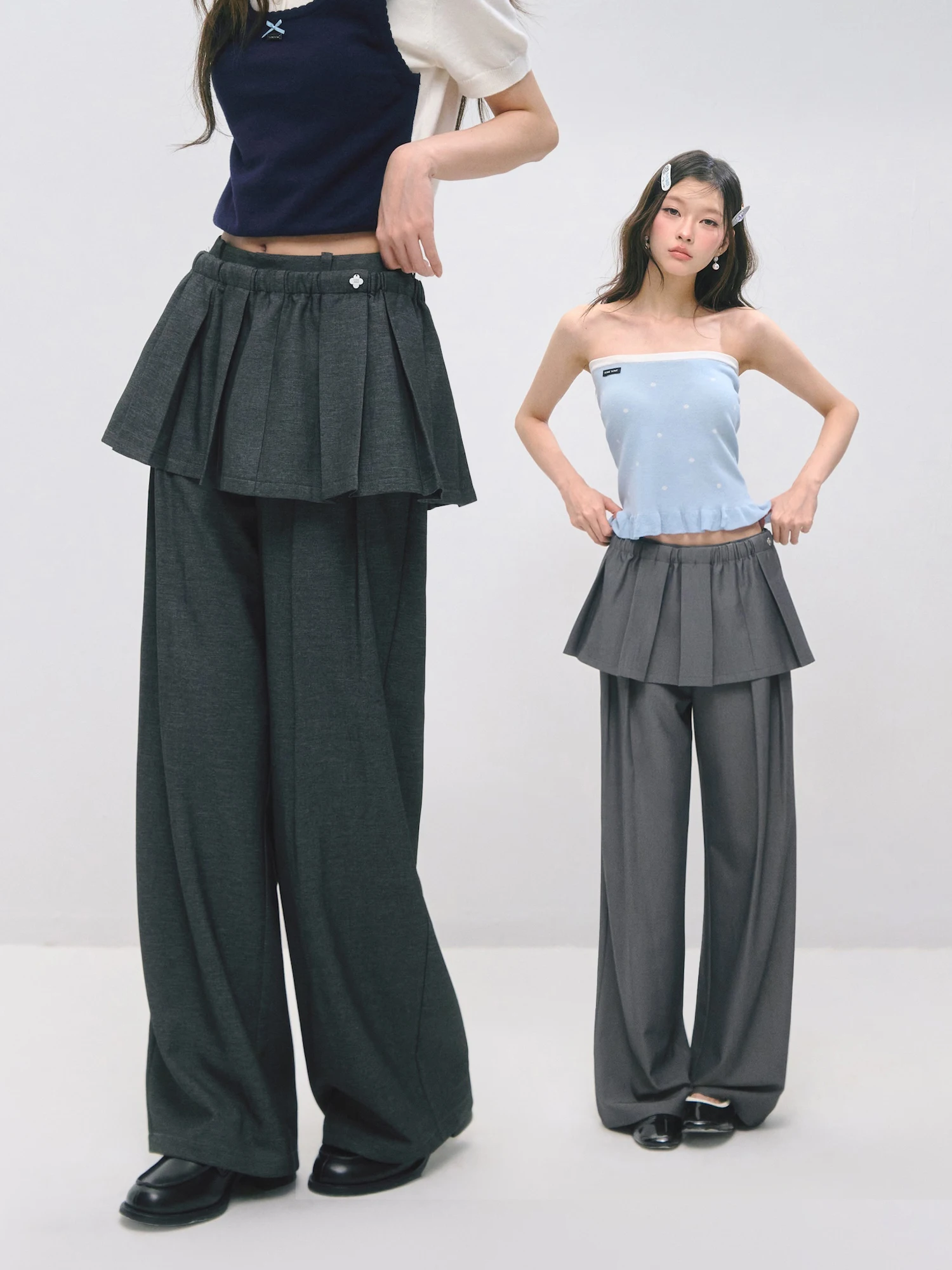 SOMESOWE Detachable Pleated Skirt Curtain Layered Casual Pants Women's Wide Leg Pants Loose Fit Natural Waist Elastic Waistband