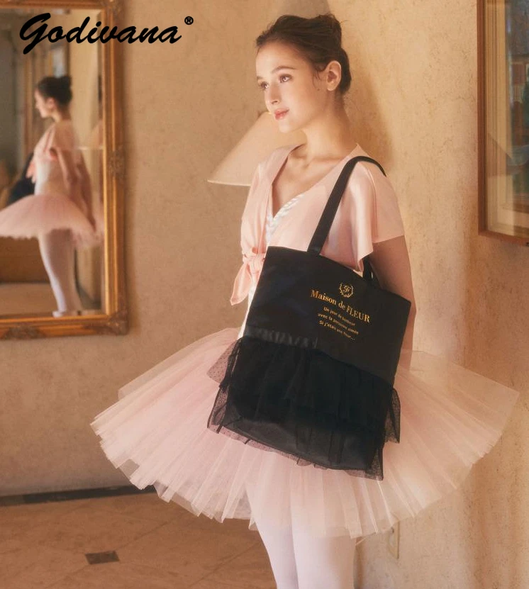 

Japanese Ballet Style Dot Mesh Pleated Edge Classic Tote Bag Girl Women's Sweet Shoulder Bag Female 2024 Casual Handbags