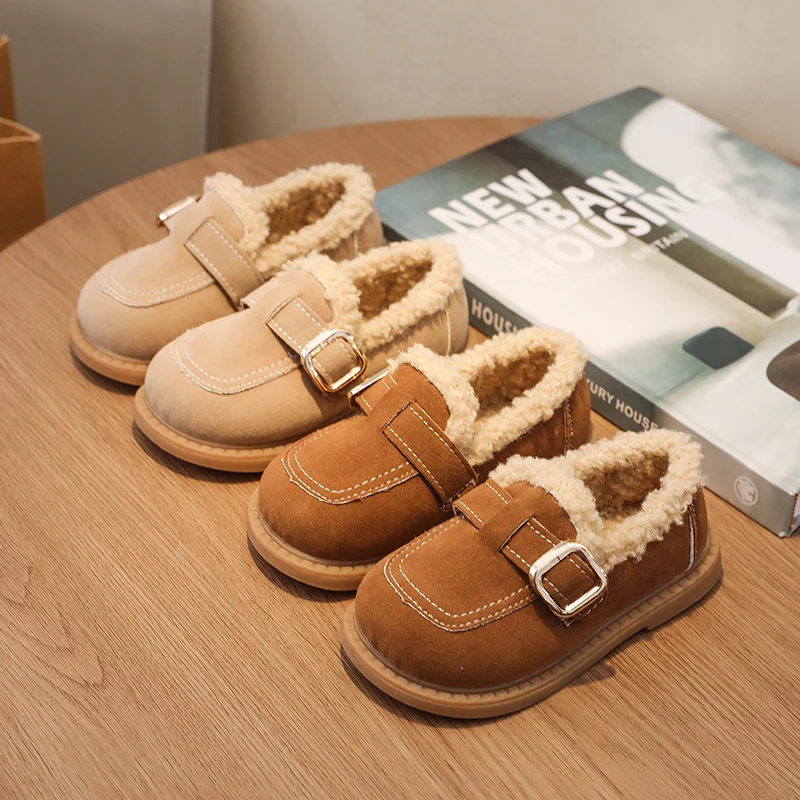 Winter New Children Leather Shoes Warm Outdoor Girls Causal Cotton Shoes Solid Color School Simple Kids Fashion Flat Plush Shoes