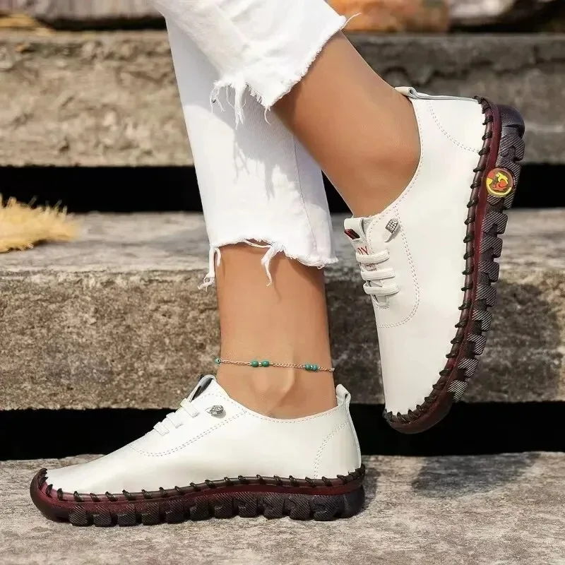 2024 New Spring Casual Women Shoes Platform Loafers Lace Up Leather Flats Slip-On Mom Shoe