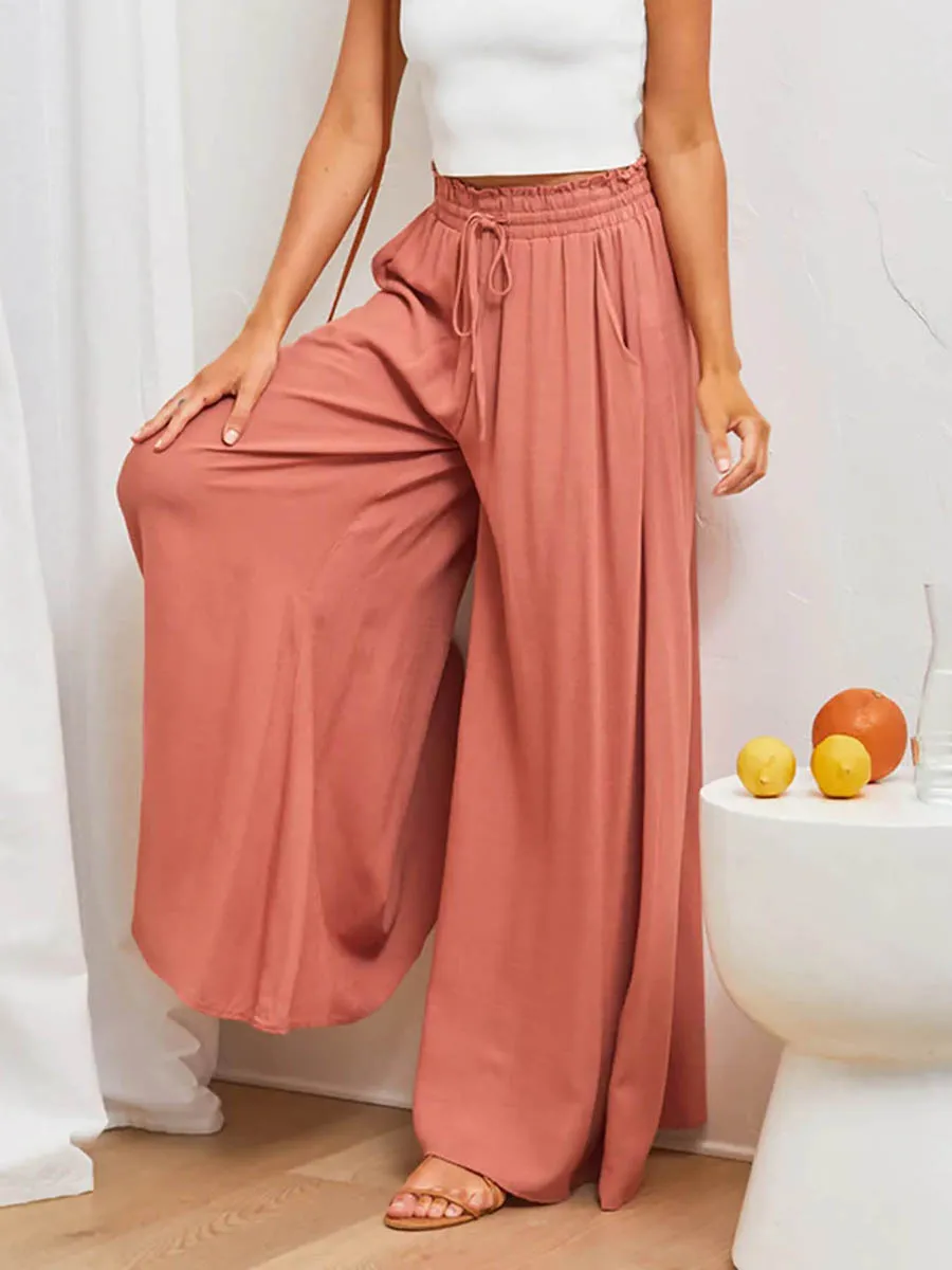 Women High Waist Wide Leg Pants Elastic Drawstring Loose Casual Trousers Solid Color Flowy Palazzo Pants Vintage Streetwear Y2K