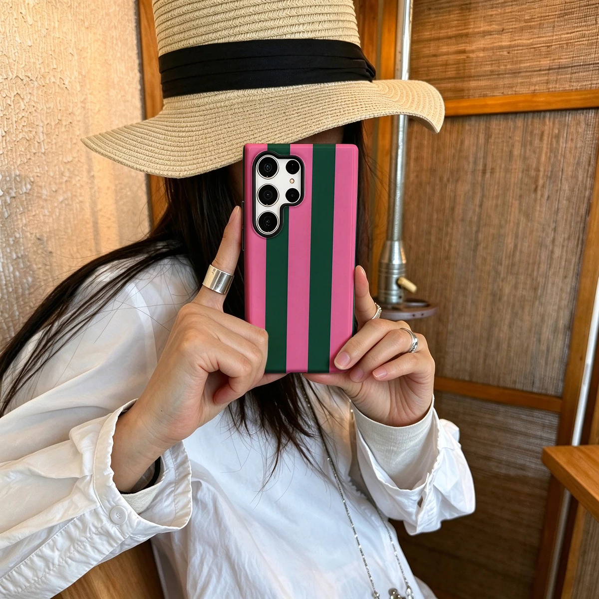 Pink Dark Green Stripes Hard Shock-Absorption Phone Case For Samsung Galaxy S26 S25 Ultra S24 S23 Plus 2-in-1 Protective Cover
