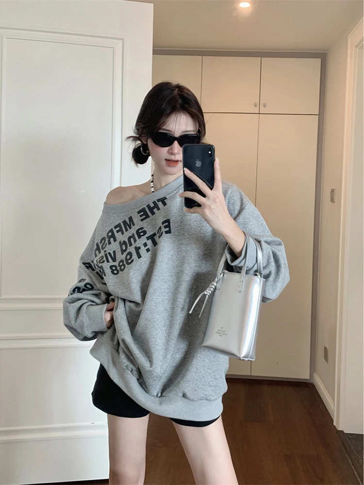 Womens Clothing Grey Vintage Street Sweatshirt Hoodie Letter Printing Long Sleeves Casual Warm Oversize Baggy Ladies Tops Autumn