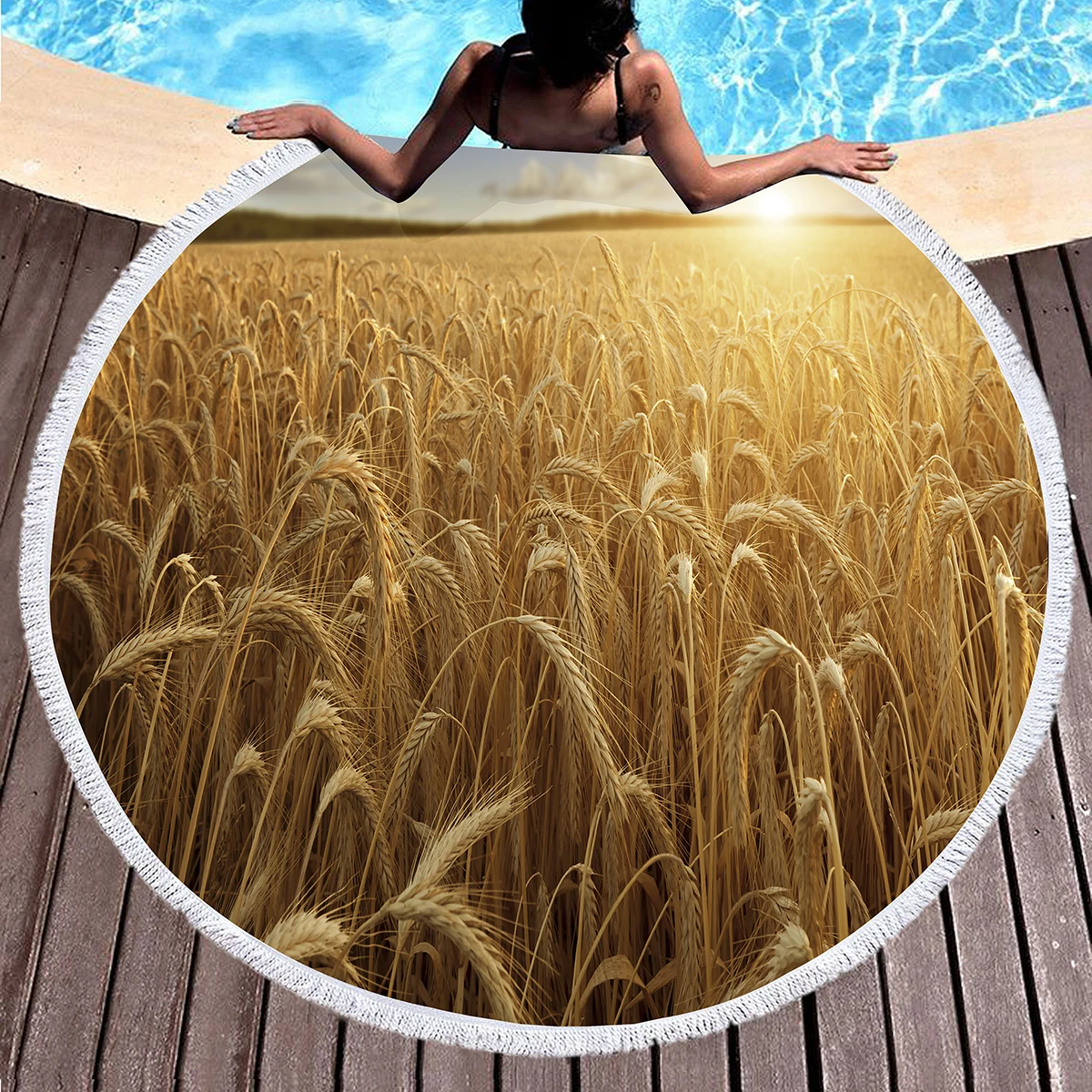 Harvest Wheat Field Printed Round Beach Towel,Polyester Sand Resistant Beach Blanket,Absorbent Quick Dry Pool Towel Picnic Mat