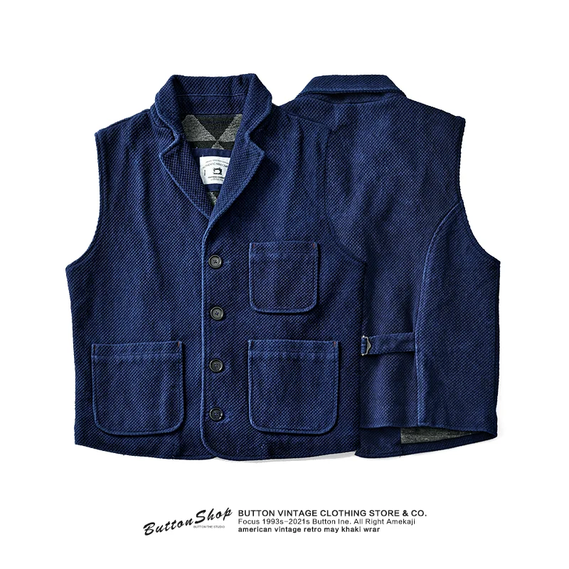 

Retro Indigo Plant Dye Cuban Collar Motorcycle Vest Men's Suit Vest Multiple kets RL Hunting Sle Faionable Youth Cotton