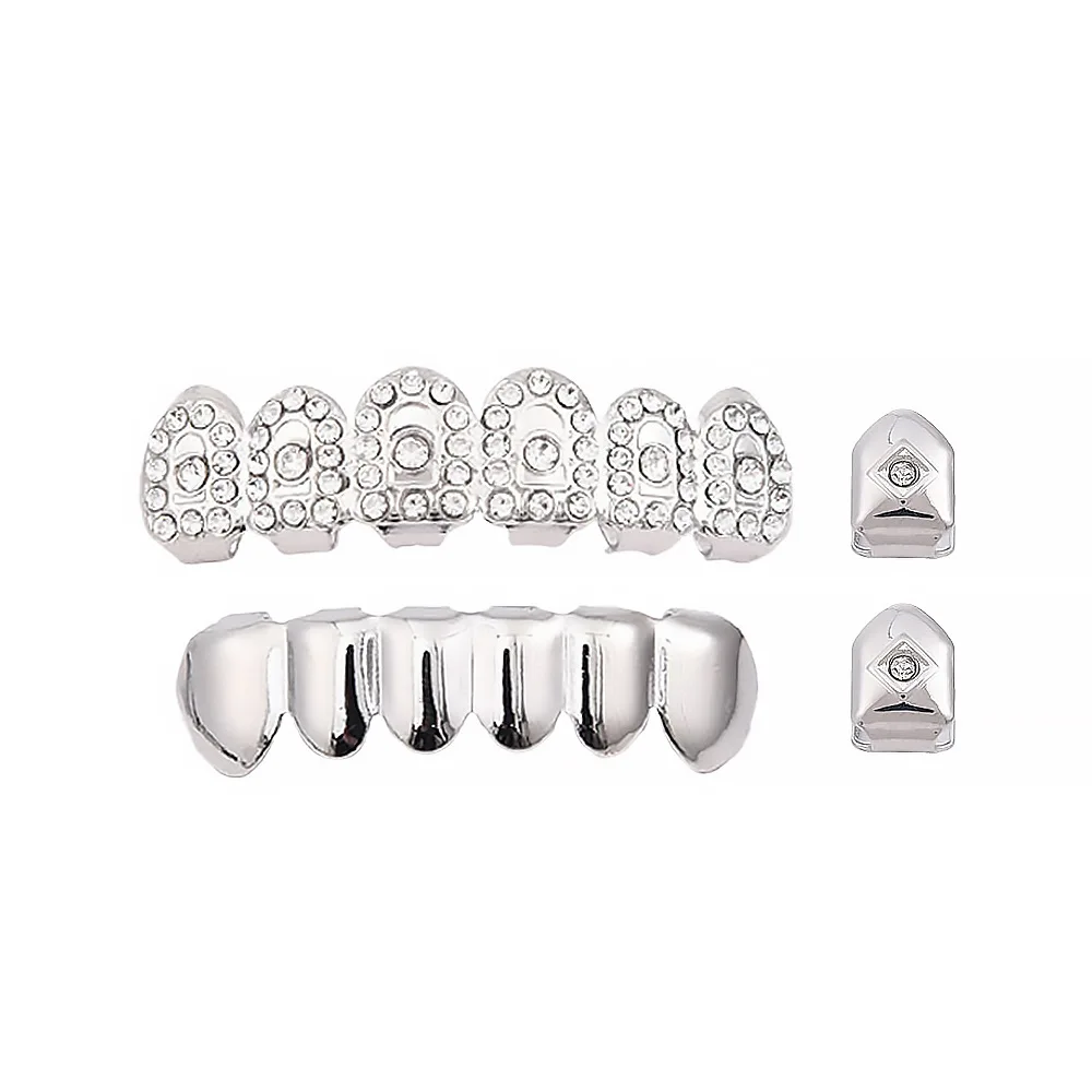 Hip Hop Iced Out CZ Stones Teeth Grillz Caps Cubic Zircon Micro Pave Top&Bottom Charm Grills Set For Men Women Jewelry Gift